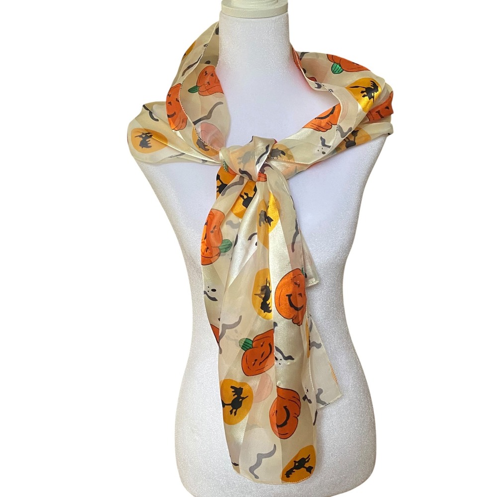 Halloween Scarf Sheer‎ Pumpkin Jack-O-Lantern Witch Ghost Cream Orange 58x13